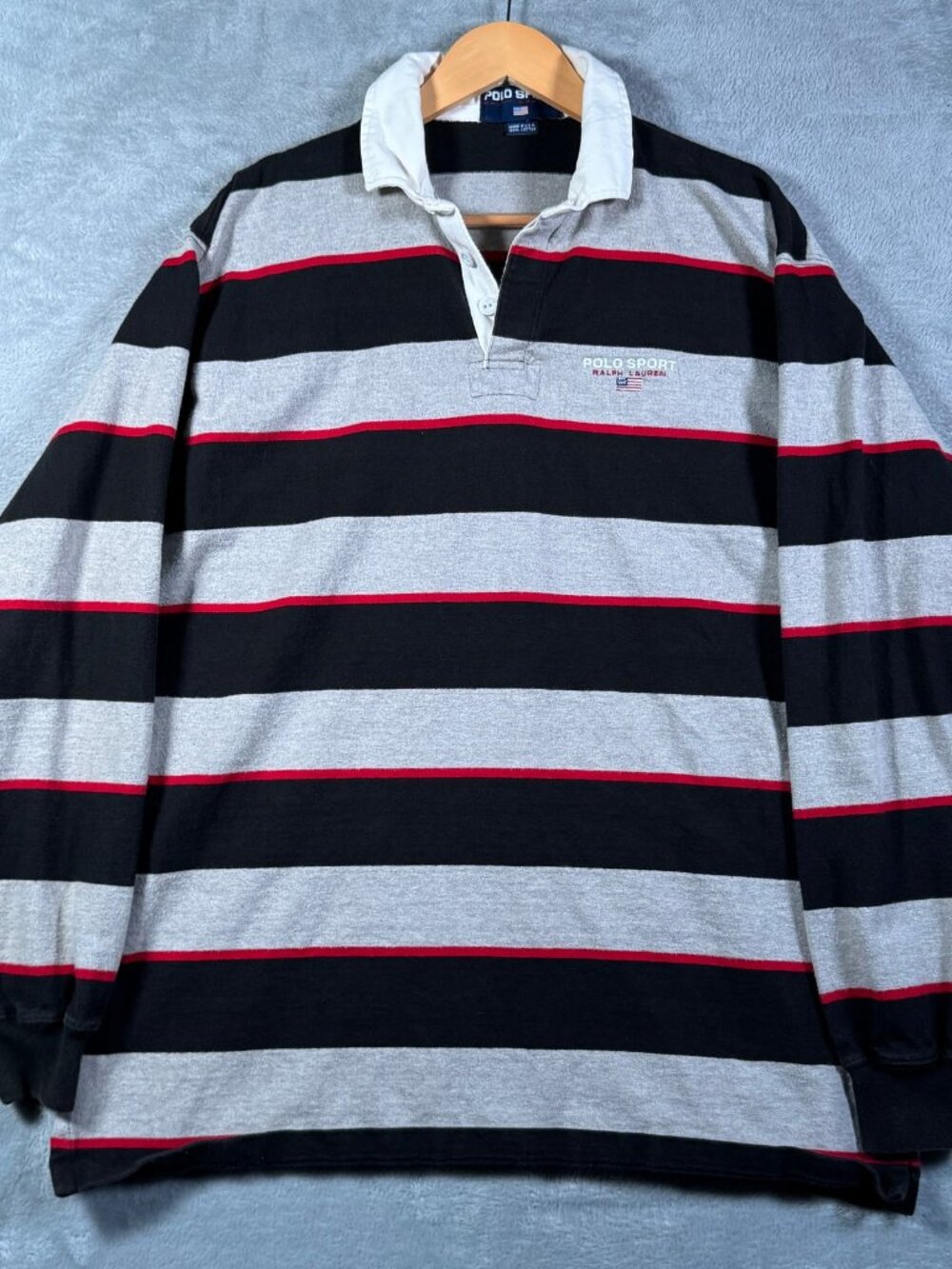 Polo Sport Ralph Lauren Rugby Shirt Mens L Gray Black Striped Vintage 90s USA